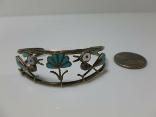ZUNI STERLING SILVER TURQUOISE CORAL MOP BIRD INLAY CUFF BRACELET VINTAGE 2