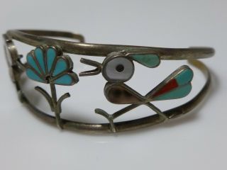 ZUNI STERLING SILVER TURQUOISE CORAL MOP BIRD INLAY CUFF BRACELET VINTAGE 4