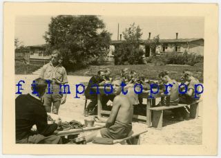 Wwii Us Gi Photo - German Pow Work Detail Eat At 18th Infantry Regiment Camp 1