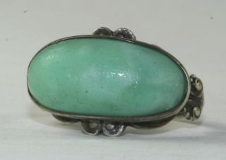 Edwardian Antique Green Art Glass Sterling Silver Ring Size 3.  5