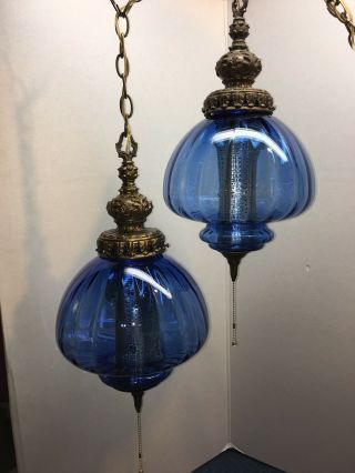 Vintage Mcm Blue Pair Glass Hanging Swag Lamps Lights With Diffusers