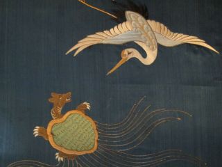 Antique Chinese Silk Embriodery Crane Bird Tortoise Turtle 48cm X 48cm Fabric