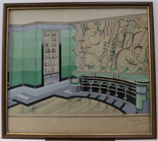 Large Indistinctly Signed Vintage Art Deco 1920s/30s Art Deco Watercolour Design