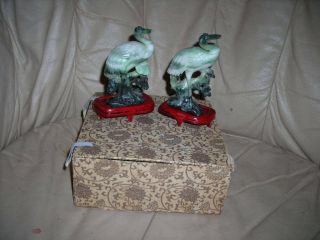 Vintage/antique Chinese Jade Jadeite Carved Cranes W Box 4x3x2