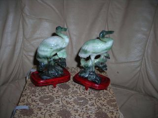 VINTAGE/ANTIQUE CHINESE JADE JADEITE CARVED CRANES W BOX 4X3X2 2