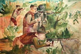 Vintage Impressionist Watercolor Painting Portrait Shooting Soldiers