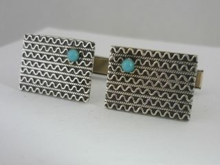 Stunning Vintage Turquoise & Sterling Silver Cufflinks & Tie Pin Set - Israel