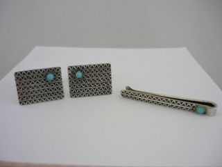 Stunning Vintage Turquoise & Sterling Silver Cufflinks & Tie Pin Set - Israel 2