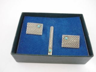 Stunning Vintage Turquoise & Sterling Silver Cufflinks & Tie Pin Set - Israel 3