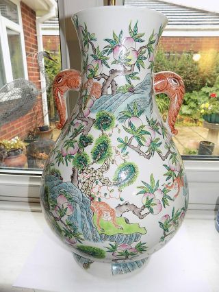 Very Large Chinese Porcelain Vase Lamp Hand Painted Monkeys & Peaches 38 Cm Tall