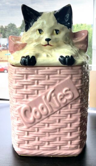 Vintage Real Mccoy Pink Kitten In Basket Cookie Jar