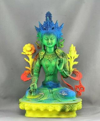 Colourful Antique Tibetan Green Tara 多罗菩萨 Statue Made Of Bronze Early 1900s
