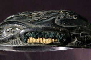 MNK26 - 2 Japanese Antique Copper wave pattern Kashira sword Tsuba dragon 3