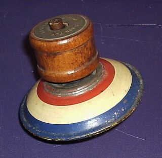Vintage Gibbs Toy Metal Windup Spinning Top With Wood Attachment Spins