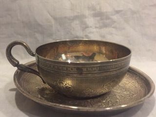 Antique French Sterling Silver Guilloche Demitasse Cup & Saucer