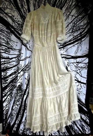 Fab Antique Edwardian Victorian High Collar Silk Dress Lace Insert Size Small