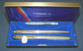 Vintage Nos Parker 75 Sterling Silver Fountain Ballpoint Pen Set W/ Box