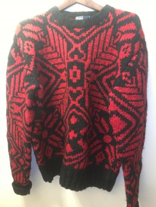 Rare Vintage Ralph Lauren Polo Hand Knit Wool Men’s Sweater Red/ Black Size Xl
