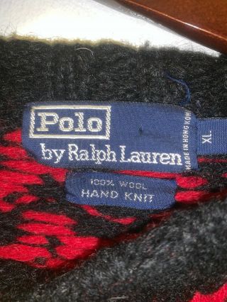 Rare Vintage Ralph Lauren POLO Hand Knit Wool Men’s Sweater Red/ Black Size XL 4