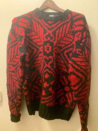 Rare Vintage Ralph Lauren POLO Hand Knit Wool Men’s Sweater Red/ Black Size XL 5