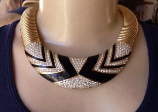 Signed Nina Ricci Vintage Necklace Gorgeous Art Deco Rhinestone Enamel Collar