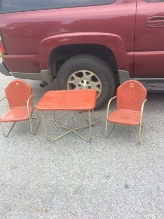 2 Chairs Retro Metal 3 Piece Set Vtg Lawn Outdoor Patio Table Kids Child Rare