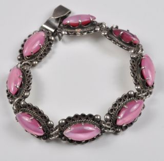 Pink Satin Glass Sterling Silver Bracelet Mexican Mexico Taxco Vintage 1940s