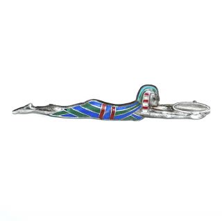 Unusual Antique 20s French Enamel Egyptian Revival Figural Brooch,  Silver Plate