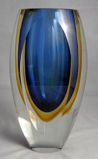 Vtg.  Mid Century Italian Murano Art Glass Sommerso Vase Clear Blue & Yellow 8 "