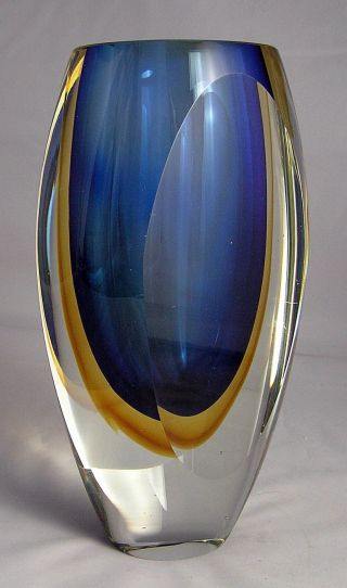 VTG.  Mid Century Italian Murano Art Glass Sommerso Vase Clear Blue & Yellow 8 