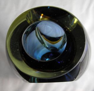 VTG.  Mid Century Italian Murano Art Glass Sommerso Vase Clear Blue & Yellow 8 