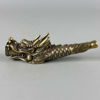 Chinese Collectible Old Antique Brass Handwork Golden Dragon Sm0king Pipe Statue