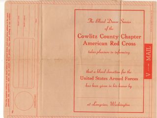 Blank Wwii V - Mail Form Longview,  Wa Cowlitz County Chapter American Red Cross