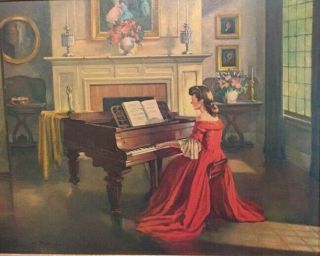 Vintage Tmco M.  Ditlef Woman In Red Playing Piano Art Painting Print Collectible