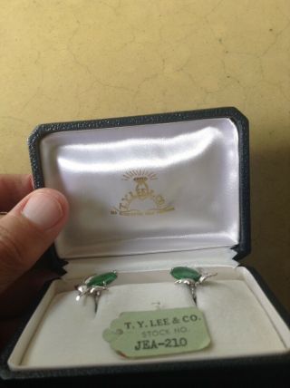 Vintage TY Lee Co.  Hong Kong Art Deco 14K Gold Green Jade Earrings,  Box 2