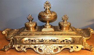Impressive Vintage Antique Rococo Gilt Bronze Brass Desk Inkstand Inkwell - 19.  5 "