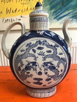 Large Qianlong Chinese Moon Wine Ewer Blue & White Dragon (teapot) Marked