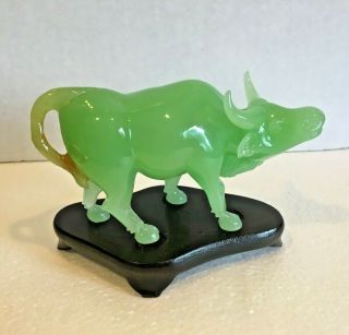 Chinese Rare Hand Carved Jadeite Jade Water Buffalo Ox On Wooden Stand Vintage