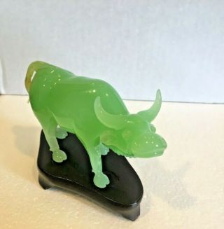 CHINESE RARE HAND CARVED JADEITE JADE WATER BUFFALO OX ON WOODEN STAND VINTAGE 2