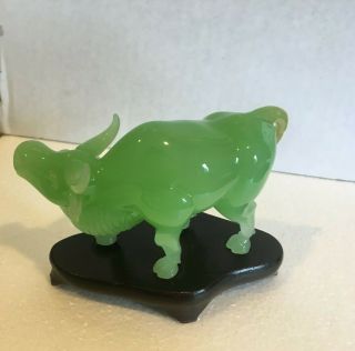 CHINESE RARE HAND CARVED JADEITE JADE WATER BUFFALO OX ON WOODEN STAND VINTAGE 3