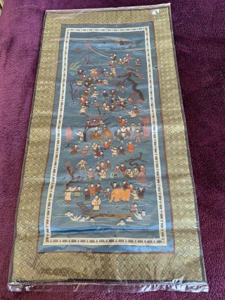 Vintage Oriental Chinese 100 Children Silk Embroidery Runner Tapestry Vgc