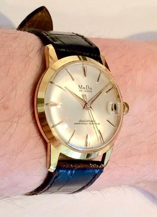 Fantastic Vintage Gold Plated Swiss Mudu Doublematic Mens Dress Watch Ft.  Date