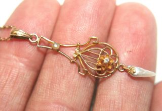 Antique 10k Yellow Gold Lavalier Pendant Diamond Pearl Necklace