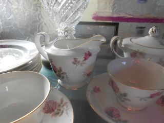 Noritake Pink Roses Grey Leaves Tes Set Tea Pot Milk Jug Sugar Bowl 6 Cups/sauce
