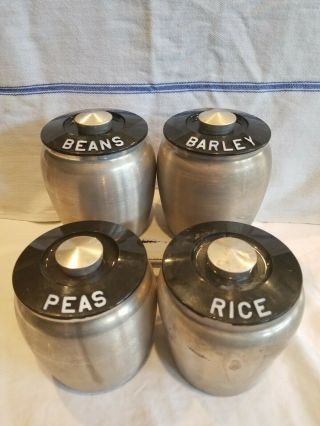 Very Rare Vintage Kromex Canister Set Beans Barley Rice Peas Aluminum Canisters