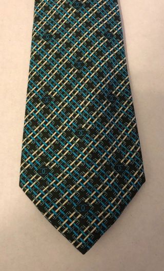 Vintage Chanel Paris Teal Cream Charcoal Rare Luxury Dapper Silk Mens Neck Tie