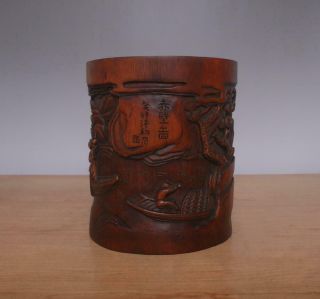 Signed Chinese Carved Figures Bamboo Brush Pot W/figures