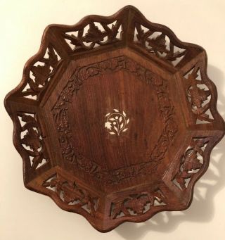 Vintage Hand Carved Indian Octagonal Wooden Tray/dish With M.  O.  P Inlay 11 " Vgc