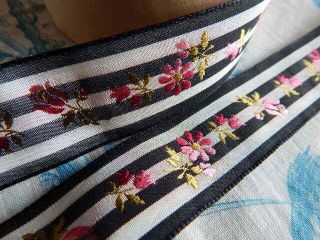 Vintage French Ribbon Black White Stripe Brocade W Pink Flowers 5,  Yds Acetat