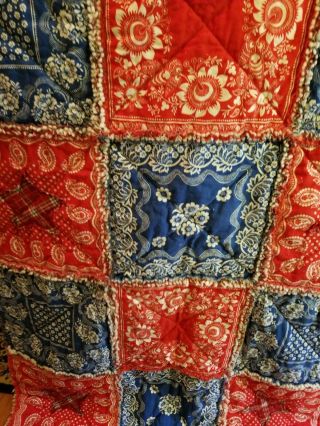 Cabin Vintage Look Bandana Rag quilt RED WHITE BLUE Handmade 45 X 75 4
